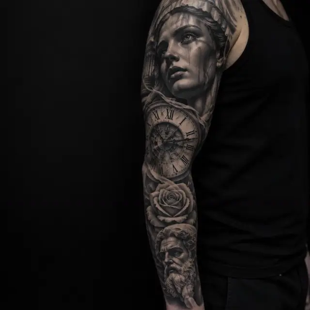Black and grey realism full sleeve with a woman's portrait, clock, rose and statue