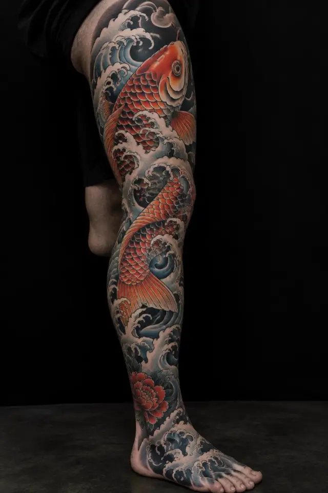 Japanese-style full leg tattoo with an orange koi, waves and a red peony