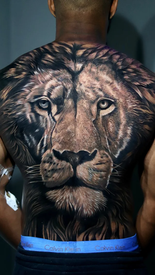 Full back black and grey realism tattoo of a lion