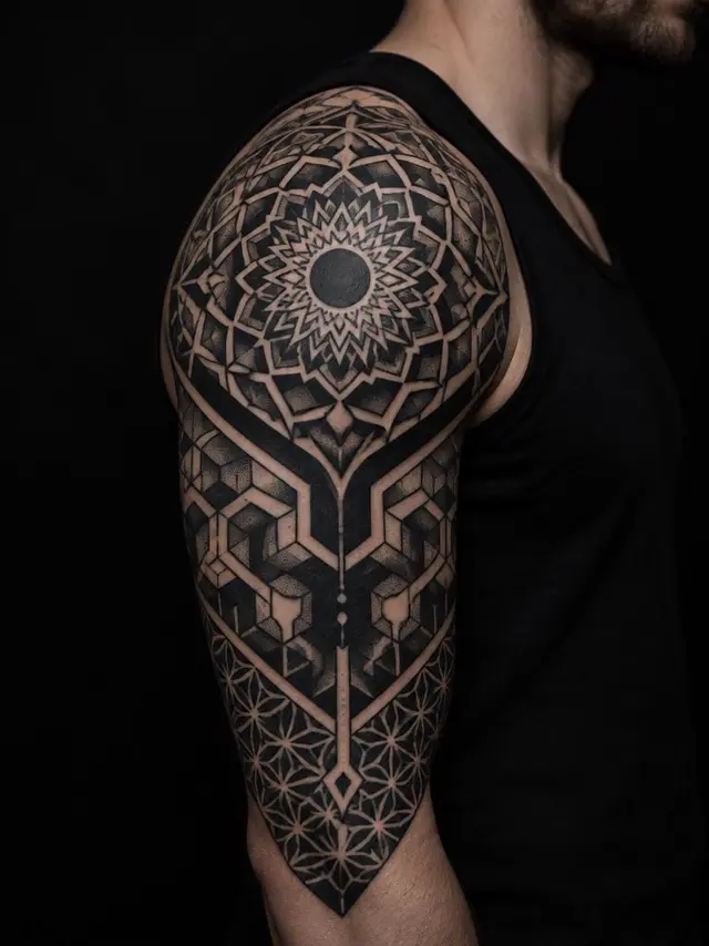 Blackwork geometric mandala tattoo covering a shoulder and upper arm